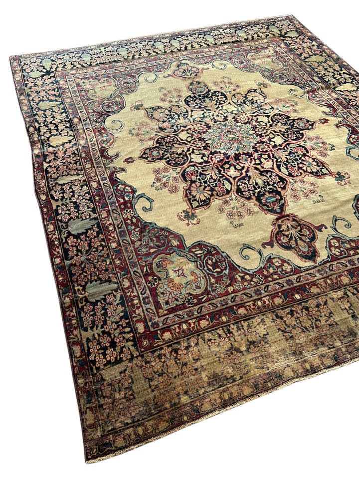 Ivory, Navy &amp; Burgundy Antique Lavar Kerman Rug, circa 1880 – 8’0” x 10’2”