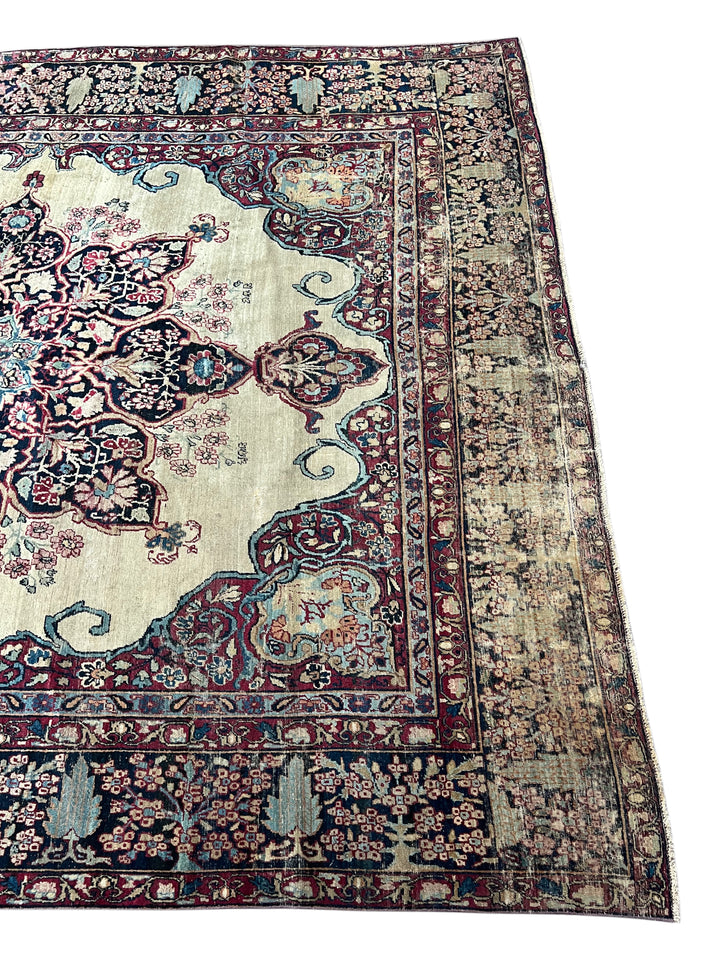 Ivory, Navy &amp; Burgundy Antique Lavar Kerman Rug, circa 1880 – 8’0” x 10’2”