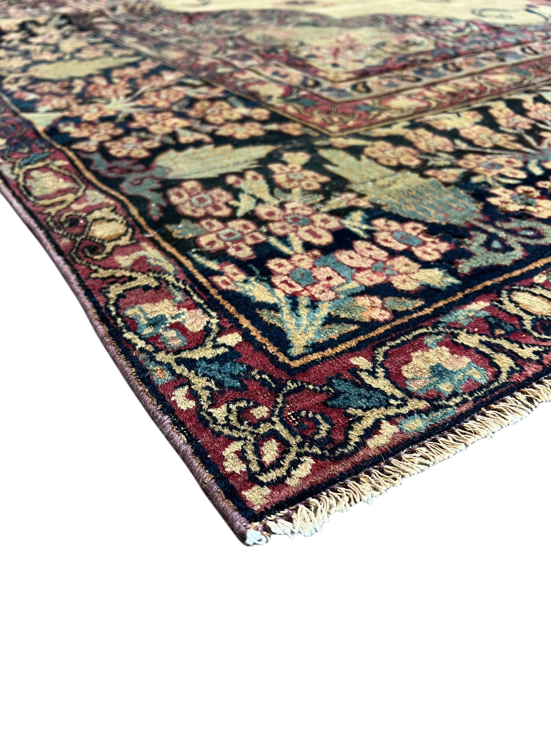 Ivory, Navy &amp; Burgundy Antique Lavar Kerman Rug, circa 1880 – 8’0” x 10’2”