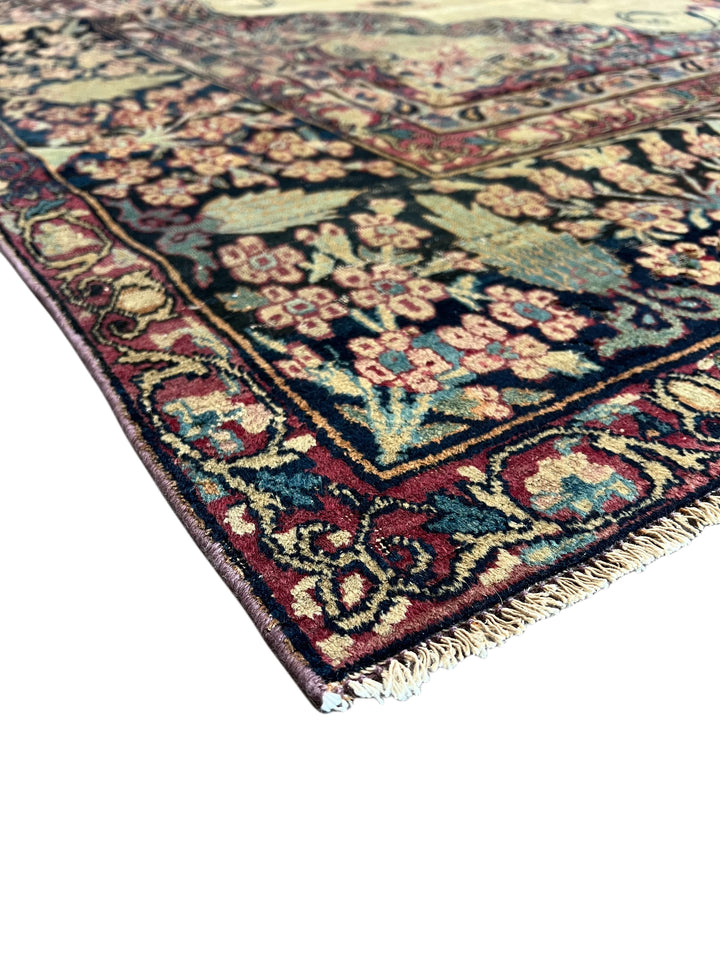 Ivory, Navy &amp; Burgundy Antique Lavar Kerman Rug, circa 1880 – 8’0” x 10’2”