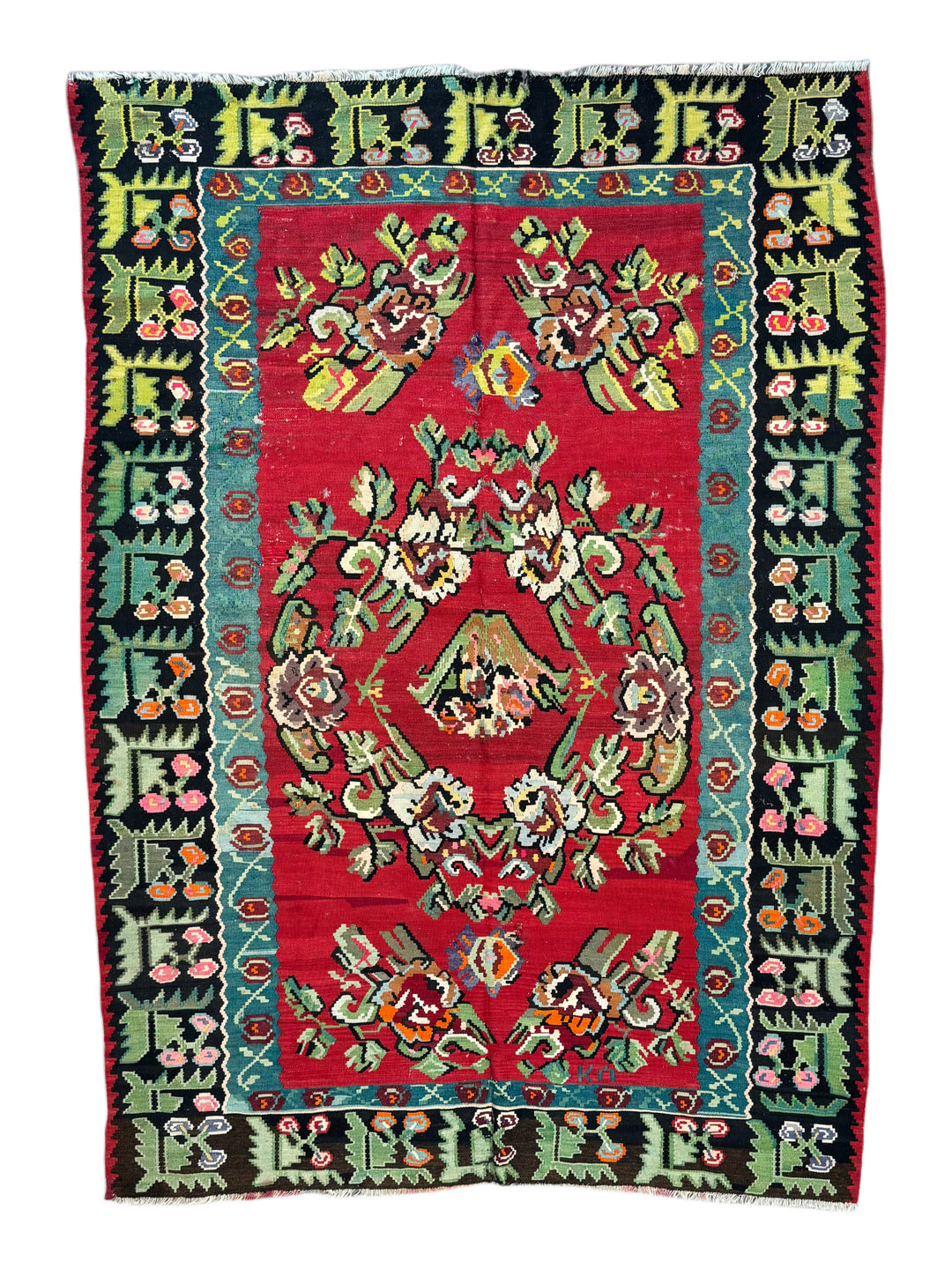 Red, Black &amp; Teal Turkish Bessarabian Kilim Rug – 6’10” x 9’8”