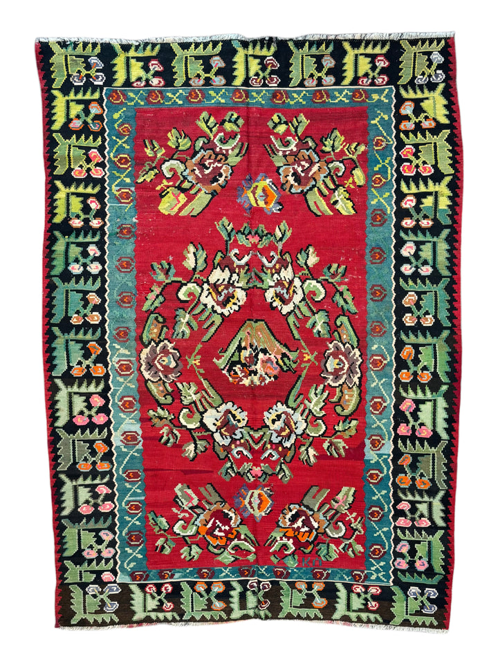 Red, Black &amp; Teal Turkish Bessarabian Kilim Rug – 6’10” x 9’8”