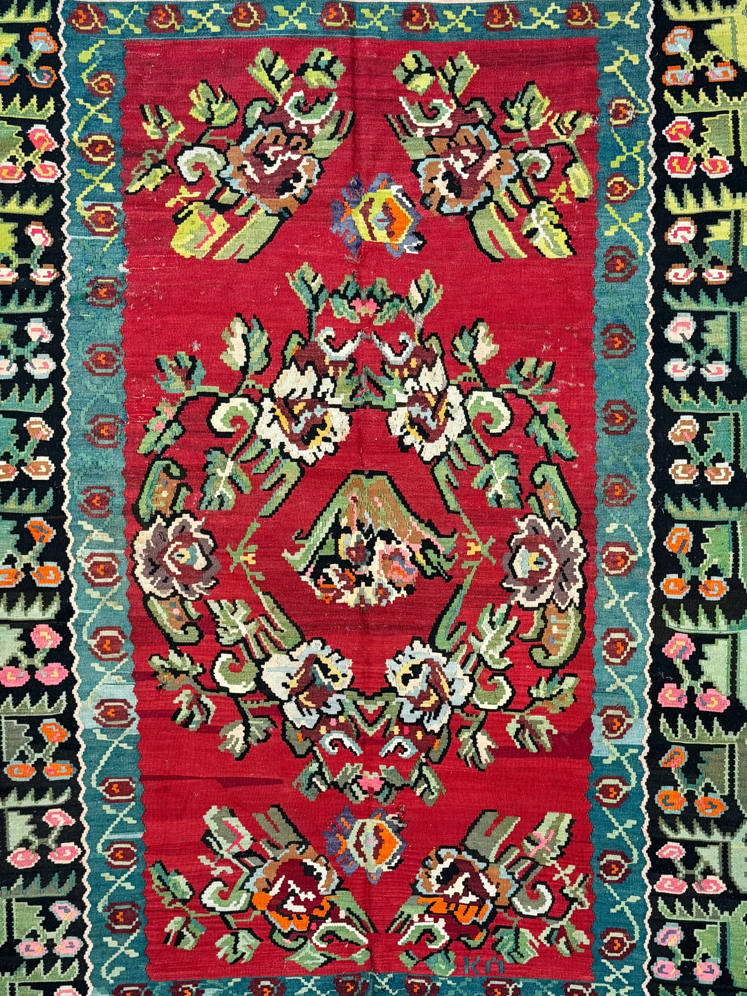 Red, Black &amp; Teal Turkish Bessarabian Kilim Rug – 6’10” x 9’8”