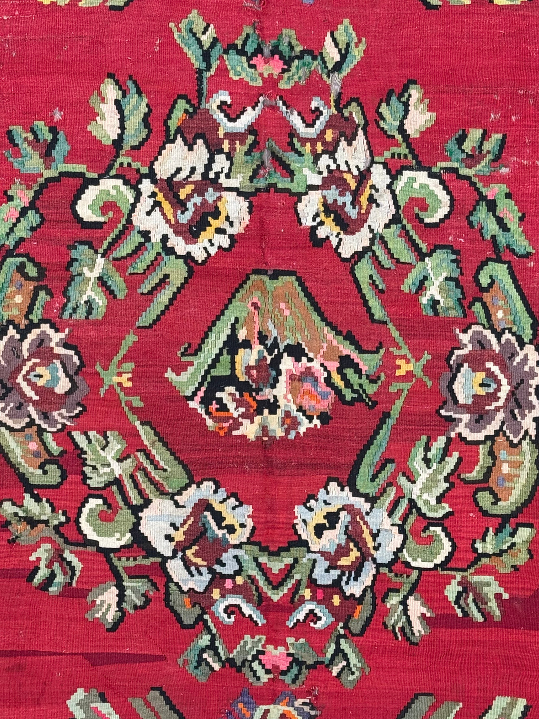 Red, Black &amp; Teal Turkish Bessarabian Kilim Rug – 6’10” x 9’8”