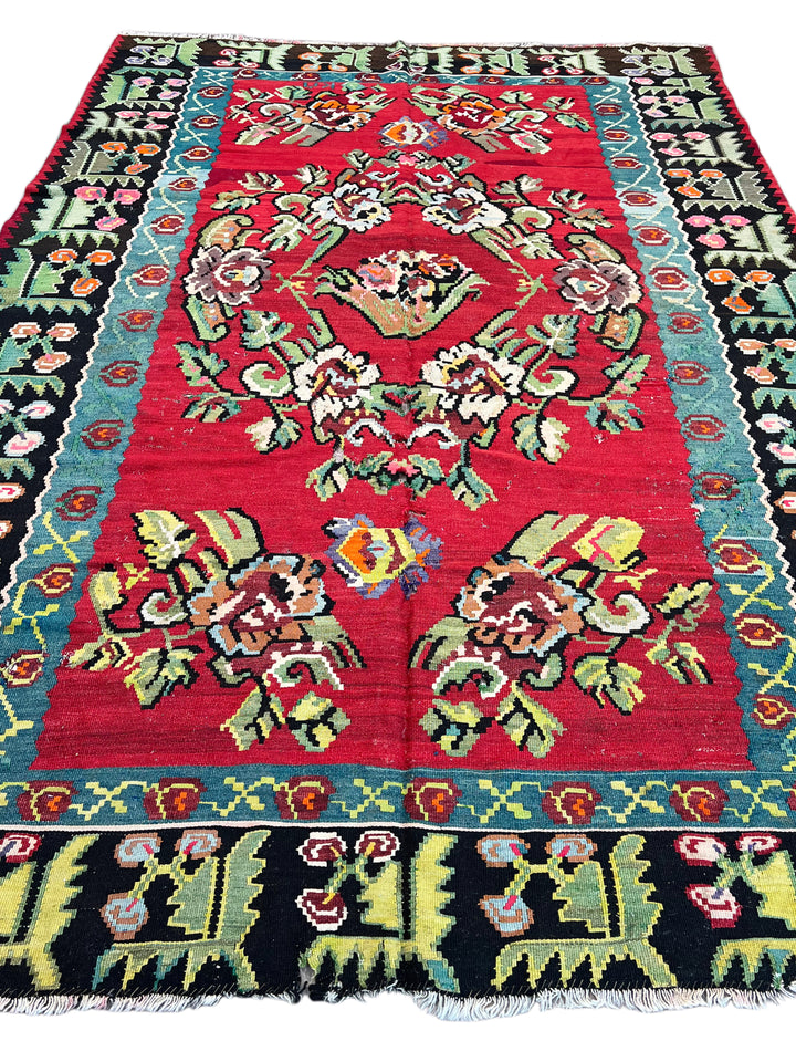 Red, Black &amp; Teal Turkish Bessarabian Kilim Rug – 6’10” x 9’8”
