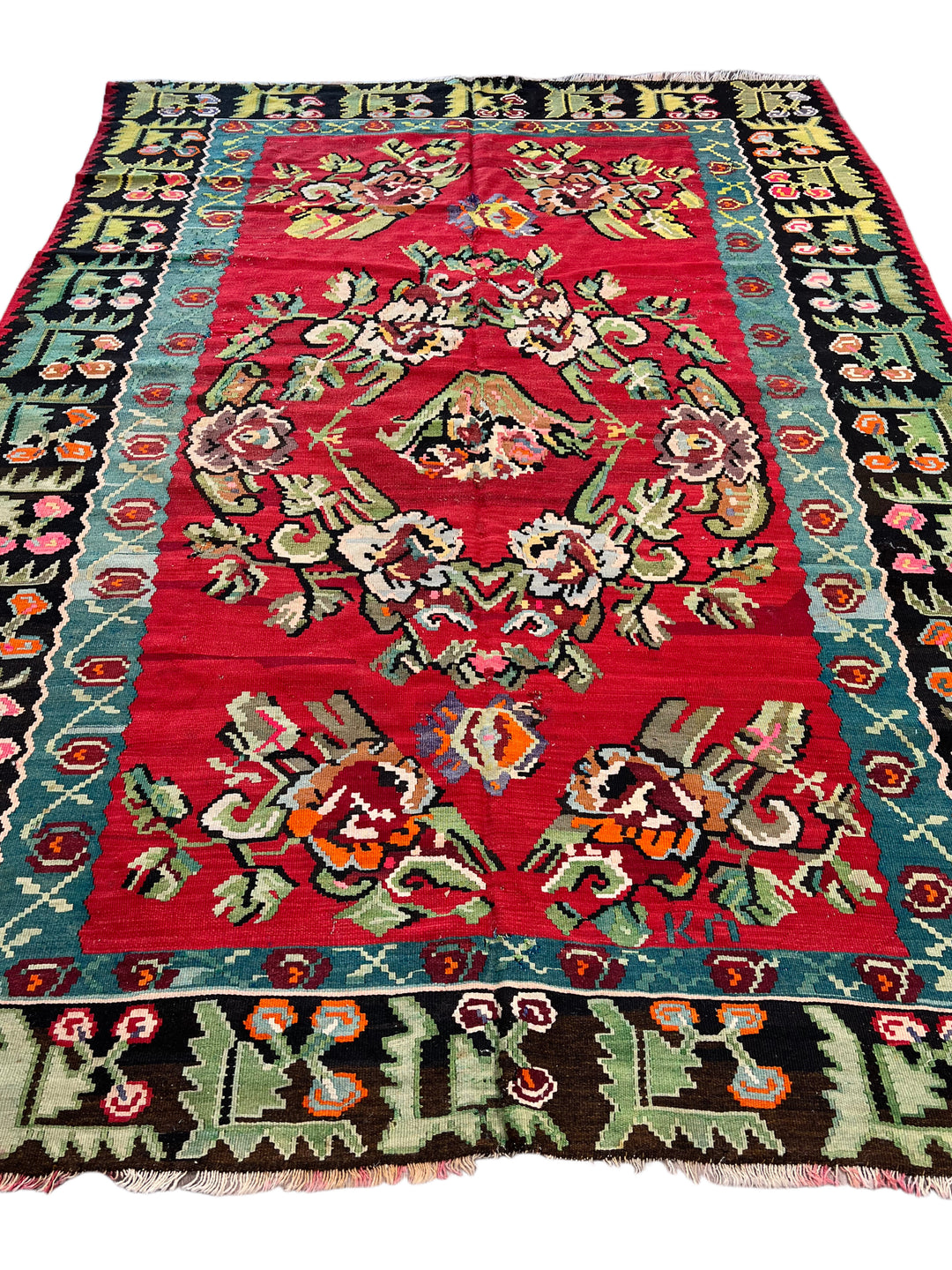 Red, Black &amp; Teal Turkish Bessarabian Kilim Rug – 6’10” x 9’8”
