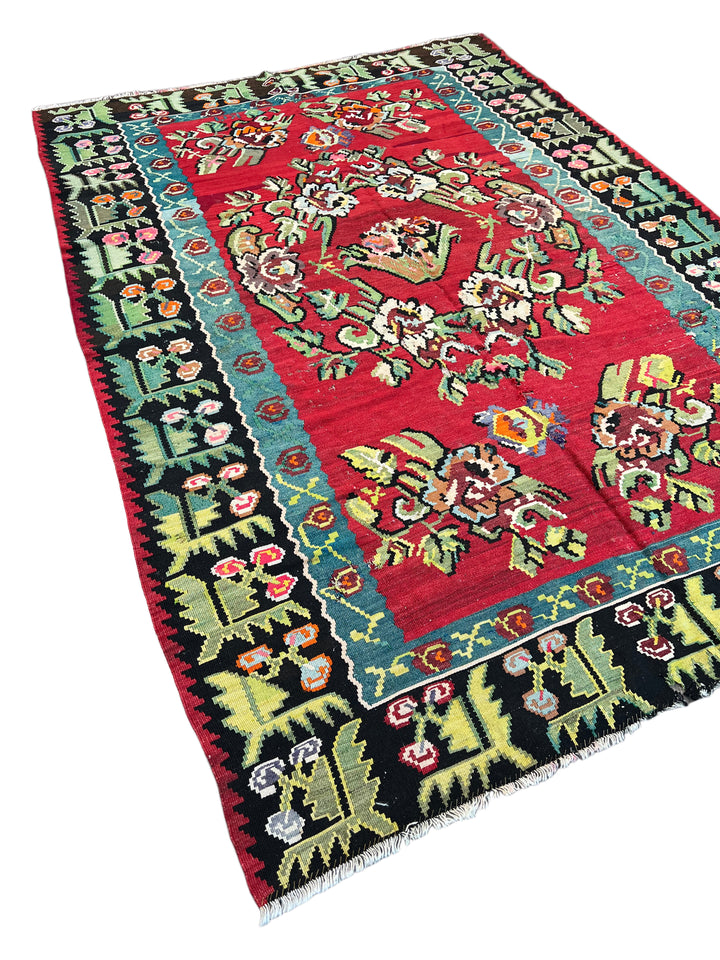 Red, Black &amp; Teal Turkish Bessarabian Kilim Rug – 6’10” x 9’8”