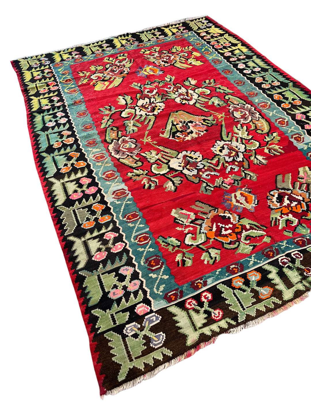 Red, Black &amp; Teal Turkish Bessarabian Kilim Rug – 6’10” x 9’8”