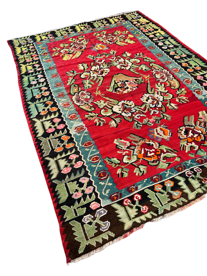 Red, Black &amp; Teal Turkish Bessarabian Kilim Rug – 6’10” x 9’8”