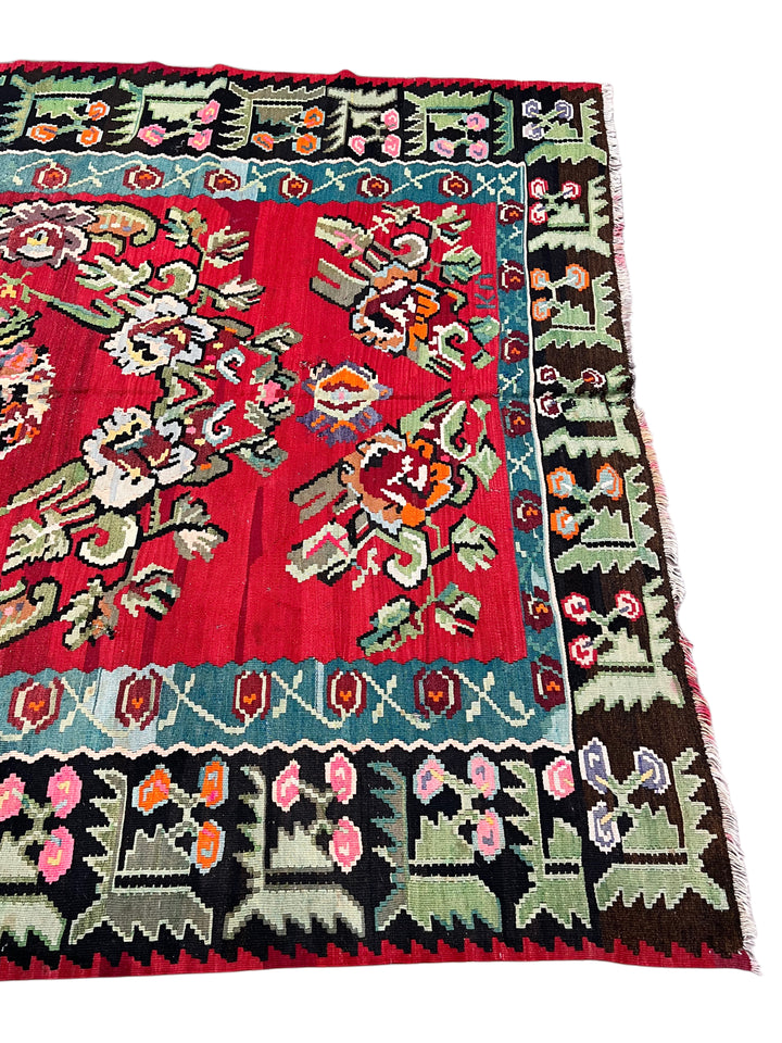 Red, Black &amp; Teal Turkish Bessarabian Kilim Rug – 6’10” x 9’8”