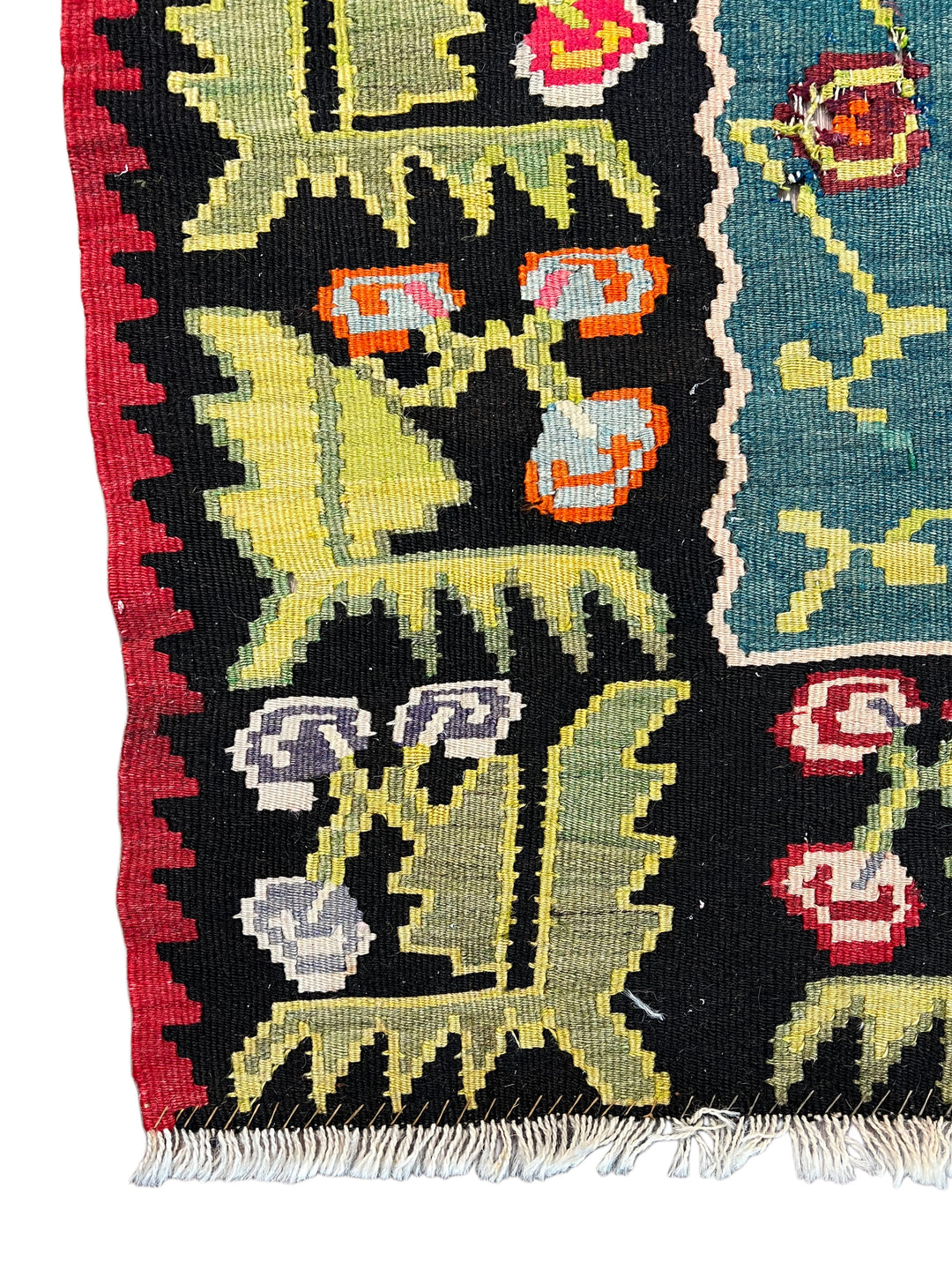 Red, Black &amp; Teal Turkish Bessarabian Kilim Rug – 6’10” x 9’8”