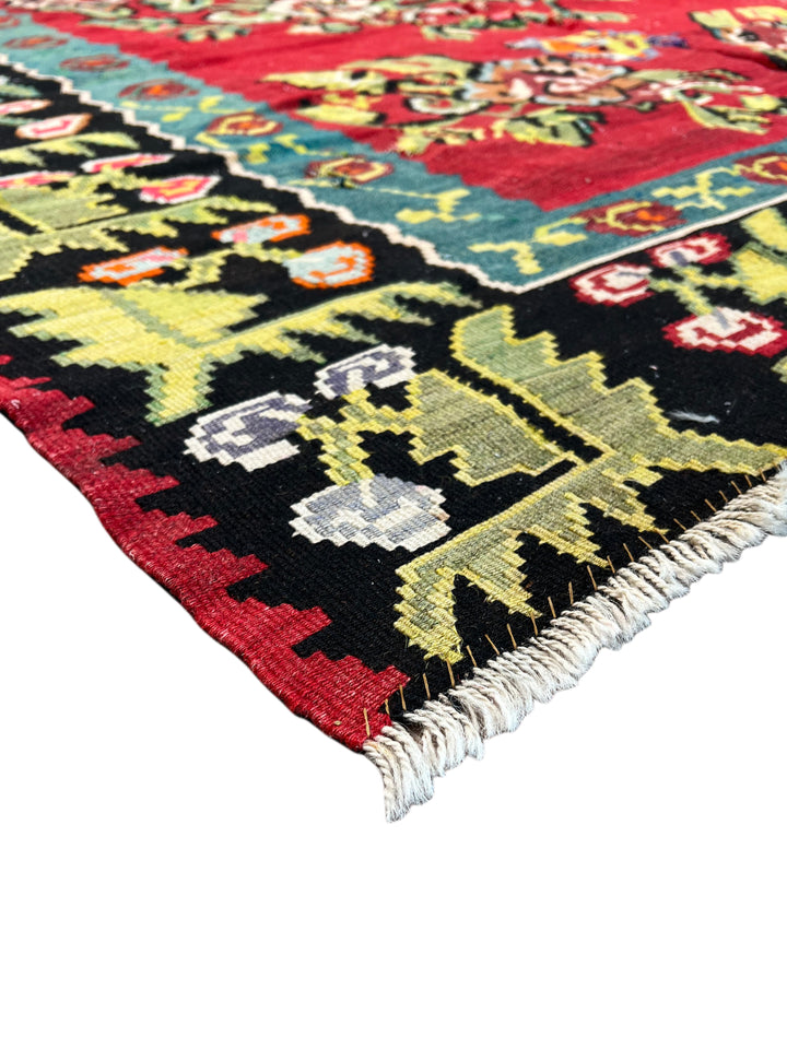 Red, Black &amp; Teal Turkish Bessarabian Kilim Rug – 6’10” x 9’8”