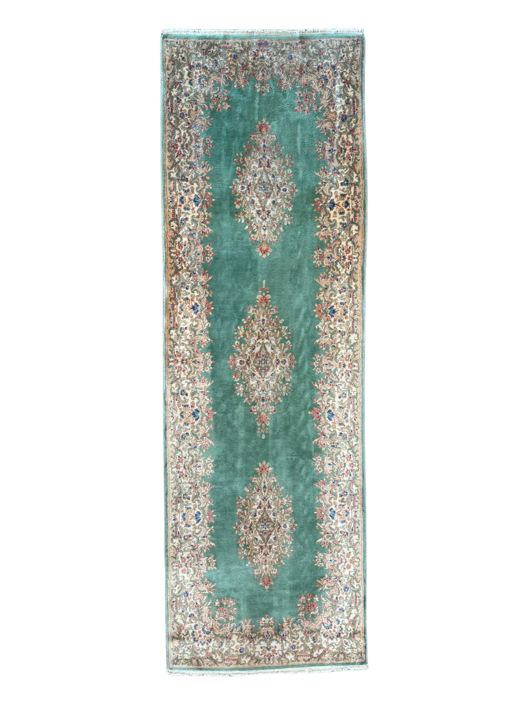 Green &amp; Ivory Vintage Kerman Runner Rug – 4’0” x 12’6”, Circa 1960