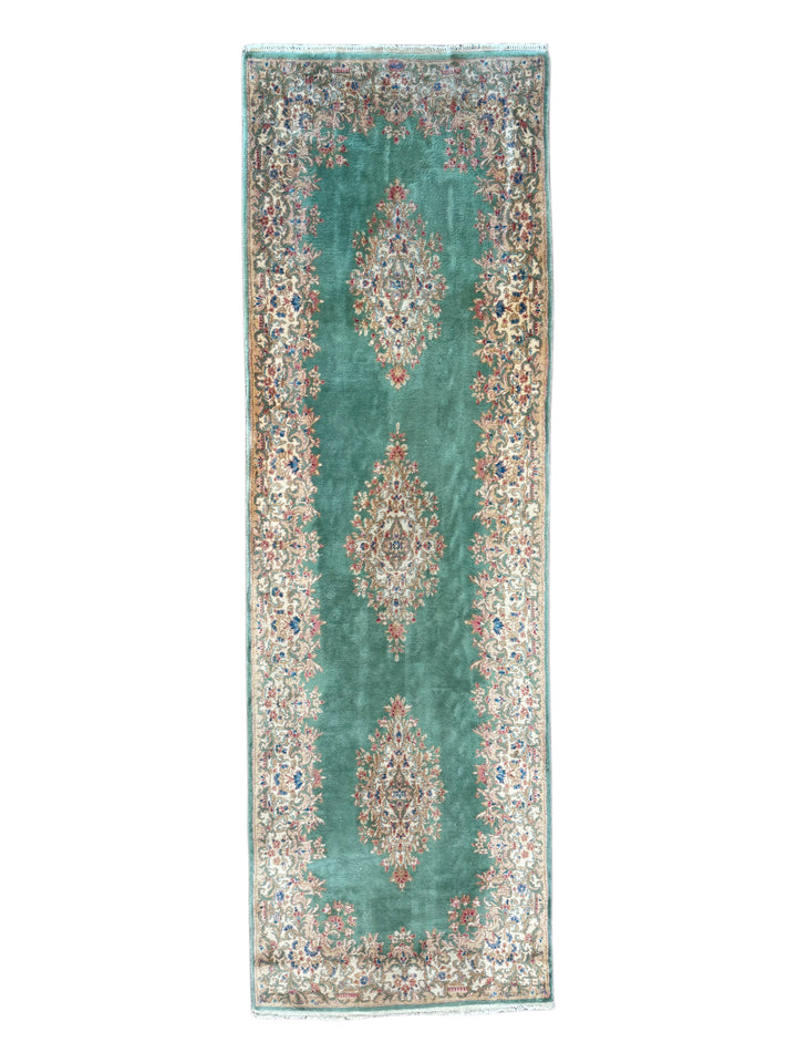 Green &amp; Ivory Vintage Kerman Runner Rug – 4’0” x 12’6”, Circa 1960