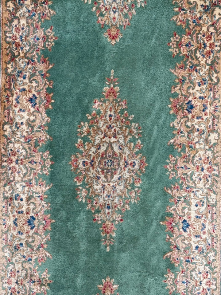 Green &amp; Ivory Vintage Kerman Runner Rug – 4’0” x 12’6”, Circa 1960