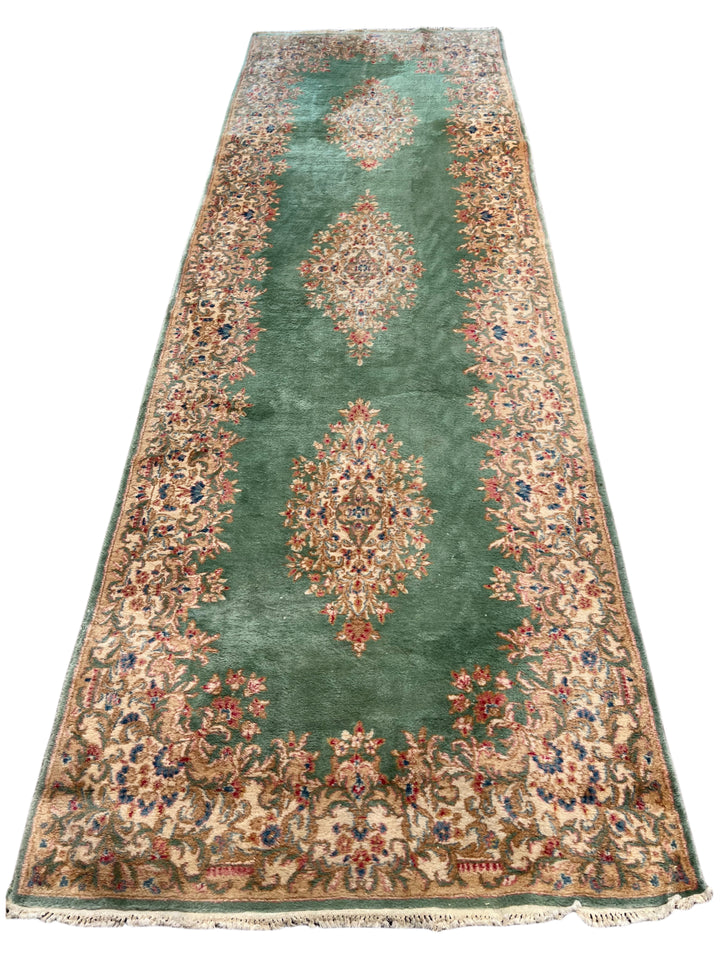 Green &amp; Ivory Vintage Kerman Runner Rug – 4’0” x 12’6”, Circa 1960