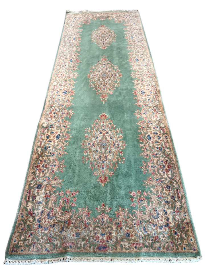 Green &amp; Ivory Vintage Kerman Runner Rug – 4’0” x 12’6”, Circa 1960