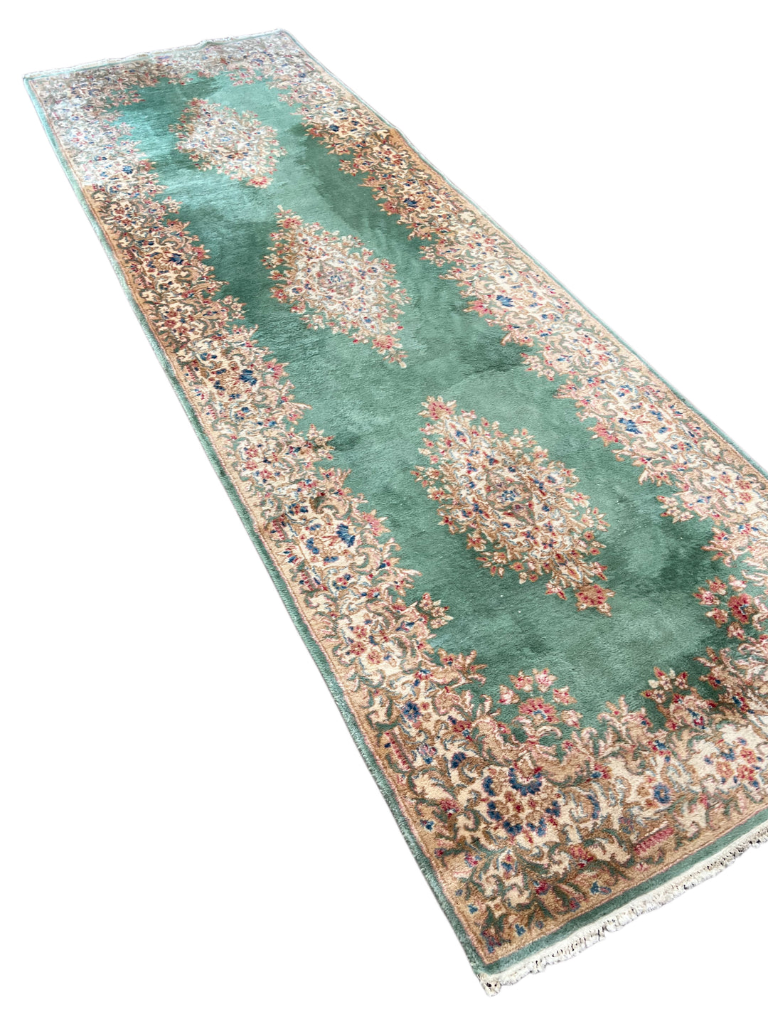 Green &amp; Ivory Vintage Kerman Runner Rug – 4’0” x 12’6”, Circa 1960