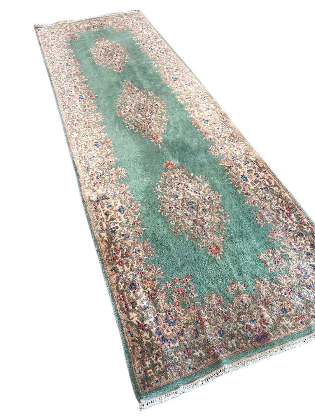 Green &amp; Ivory Vintage Kerman Runner Rug – 4’0” x 12’6”, Circa 1960