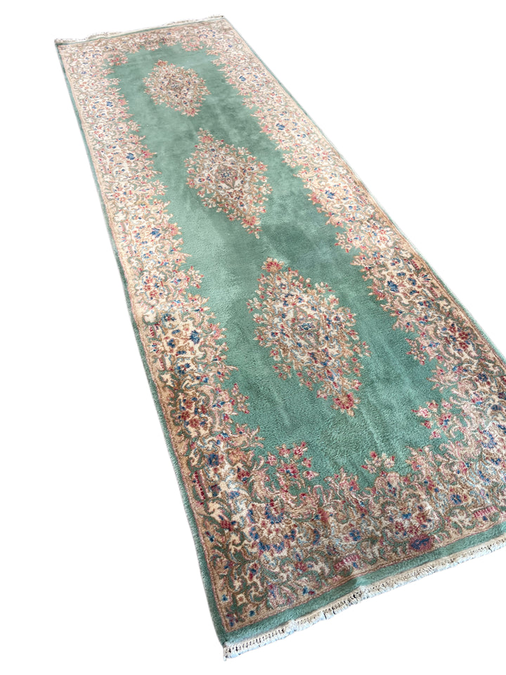 Green &amp; Ivory Vintage Kerman Runner Rug – 4’0” x 12’6”, Circa 1960