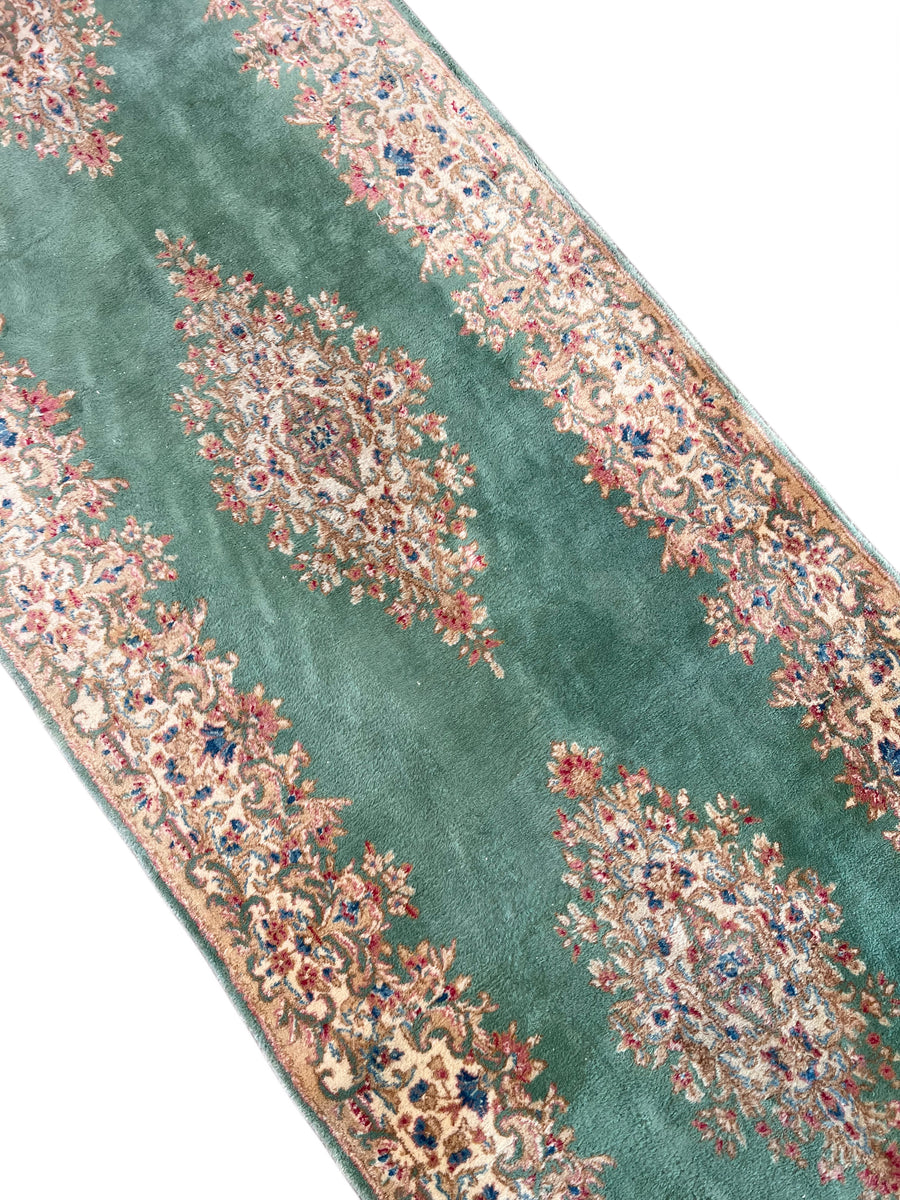 Green & Ivory Vintage Kerman Runner Rug – 4’0” x 12’6”, Circa 1960