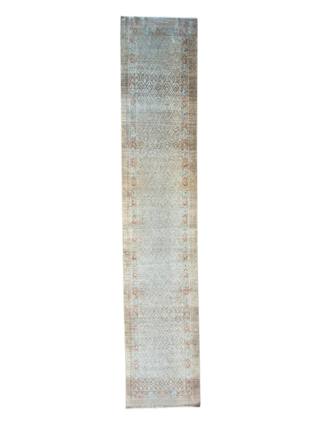 Taupe, Ivory &amp; Soft Blue Vintage Hamadan Runner Rug – 2’10” x 14’7”, Circa 1960