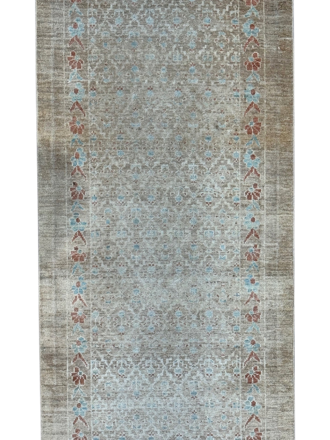 Taupe, Ivory &amp; Soft Blue Vintage Hamadan Runner Rug – 2’10” x 14’7”, Circa 1960