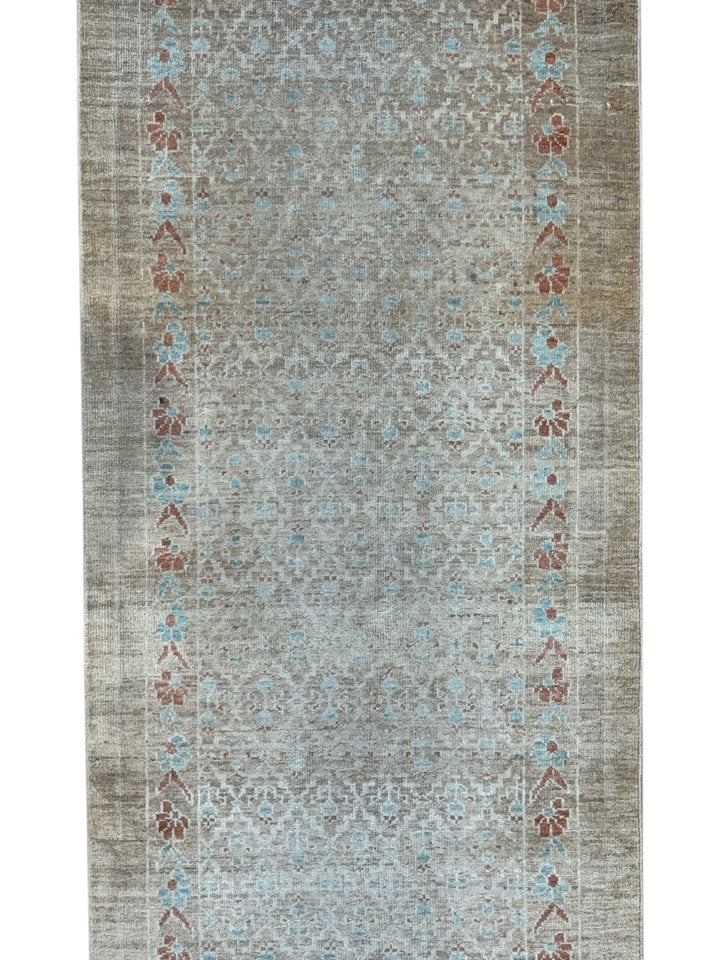 Taupe, Ivory &amp; Soft Blue Vintage Hamadan Runner Rug – 2’10” x 14’7”, Circa 1960