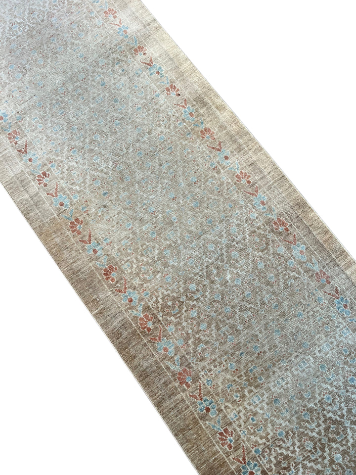 Taupe, Ivory &amp; Soft Blue Vintage Hamadan Runner Rug – 2’10” x 14’7”, Circa 1960