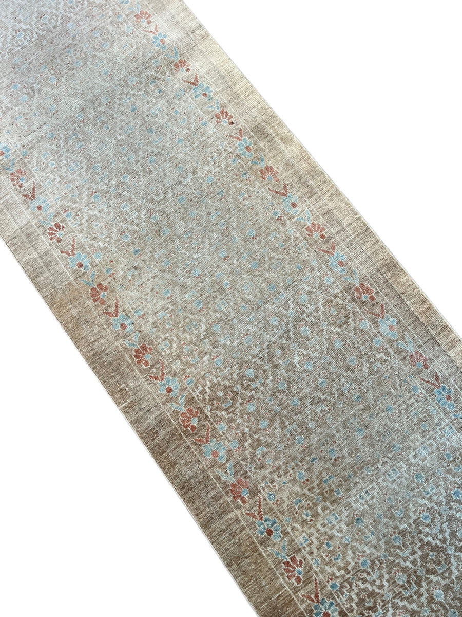 Taupe, Ivory & Soft Blue Vintage Hamadan Runner Rug – 2’10” x 14’7”, Circa 1960
