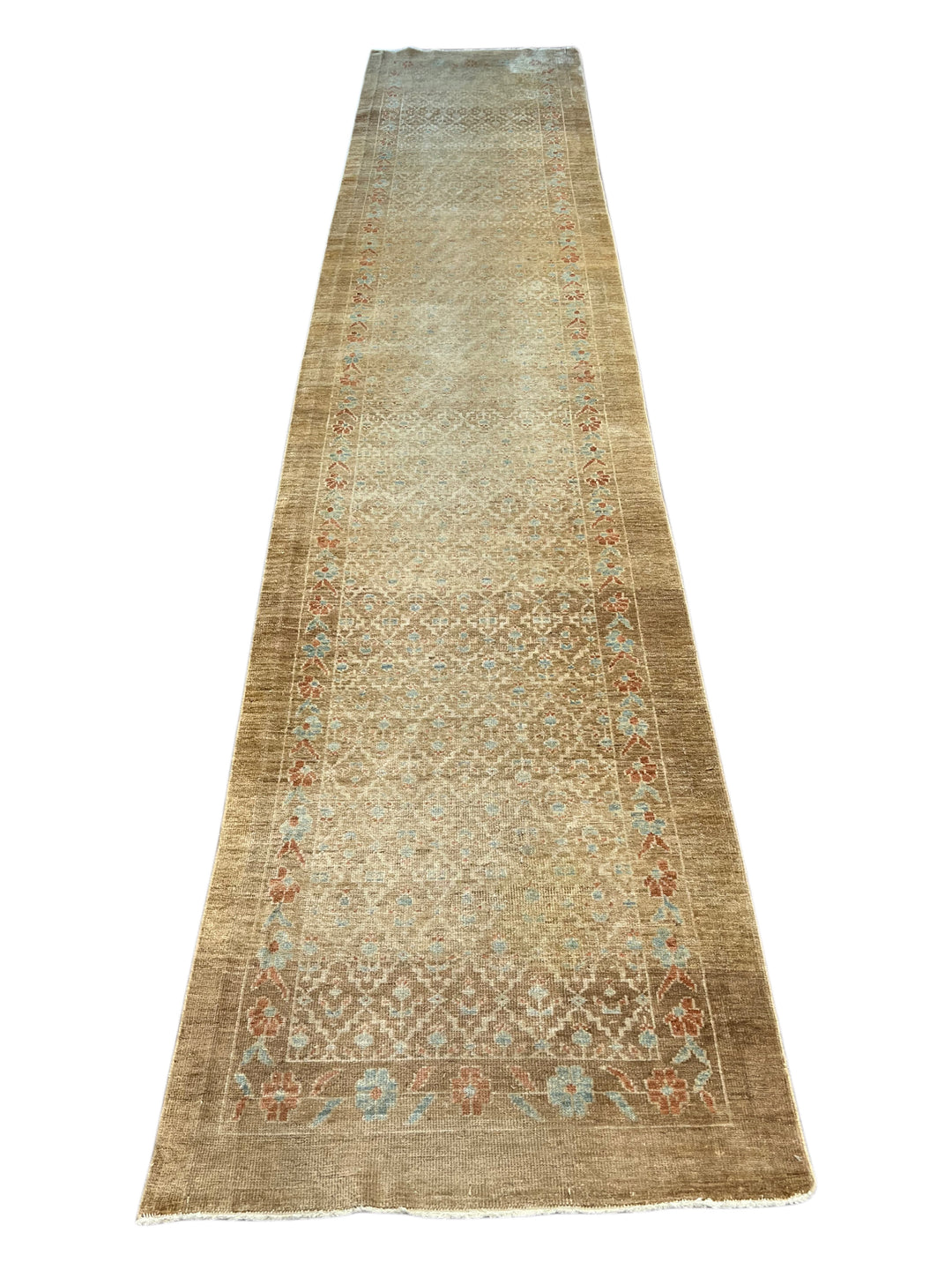 Taupe, Ivory &amp; Soft Blue Vintage Hamadan Runner Rug – 2’10” x 14’7”, Circa 1960
