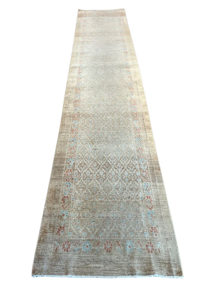 Taupe, Ivory &amp; Soft Blue Vintage Hamadan Runner Rug – 2’10” x 14’7”, Circa 1960