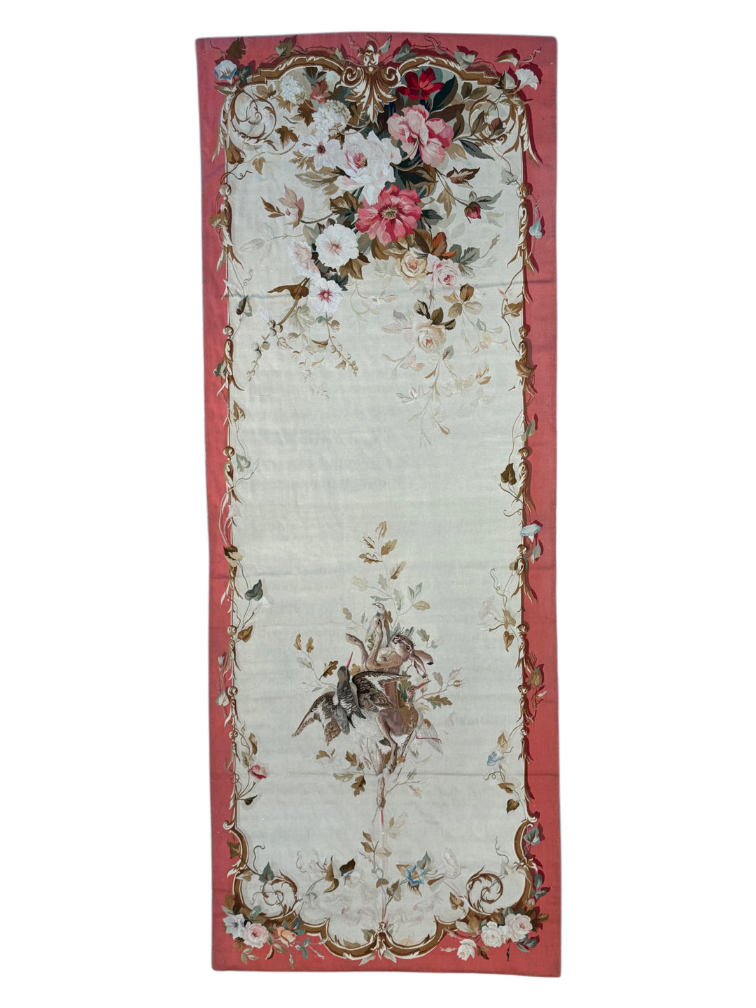 Coral &amp; Ivory Floral French Aubusson Runner Rug with Hunting Scene – 3’11” x 10’5”