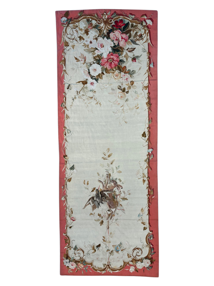 Coral &amp; Ivory Floral French Aubusson Runner Rug with Hunting Scene – 3’11” x 10’5”