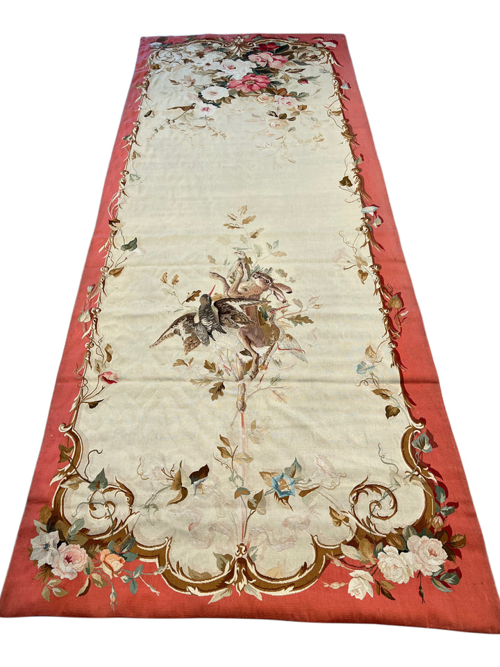 Coral &amp; Ivory Floral French Aubusson Runner Rug with Hunting Scene – 3’11” x 10’5”