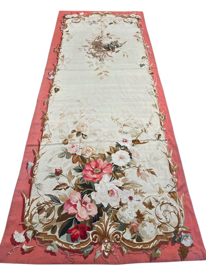 Coral &amp; Ivory Floral French Aubusson Runner Rug with Hunting Scene – 3’11” x 10’5”