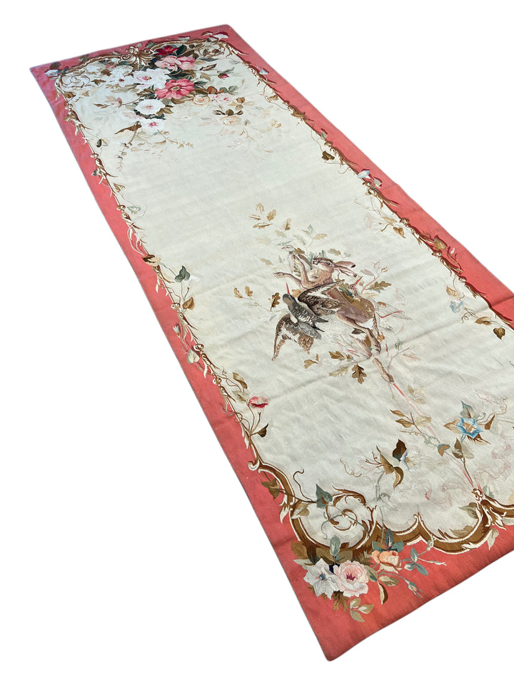 Coral &amp; Ivory Floral French Aubusson Runner Rug with Hunting Scene – 3’11” x 10’5”