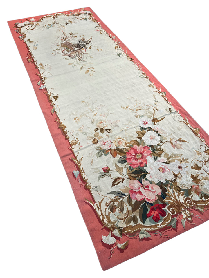 Coral &amp; Ivory Floral French Aubusson Runner Rug with Hunting Scene – 3’11” x 10’5”