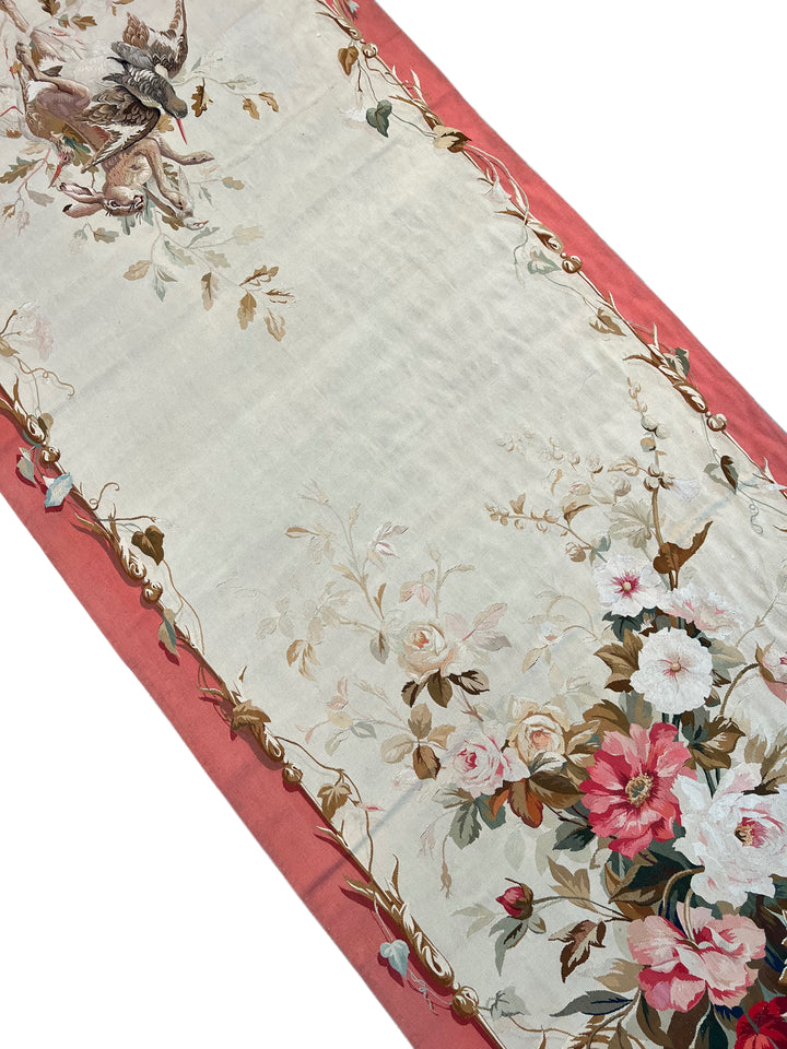 Coral &amp; Ivory Floral French Aubusson Runner Rug with Hunting Scene – 3’11” x 10’5”