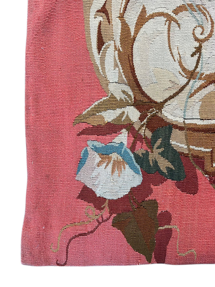 Coral &amp; Ivory Floral French Aubusson Runner Rug with Hunting Scene – 3’11” x 10’5”