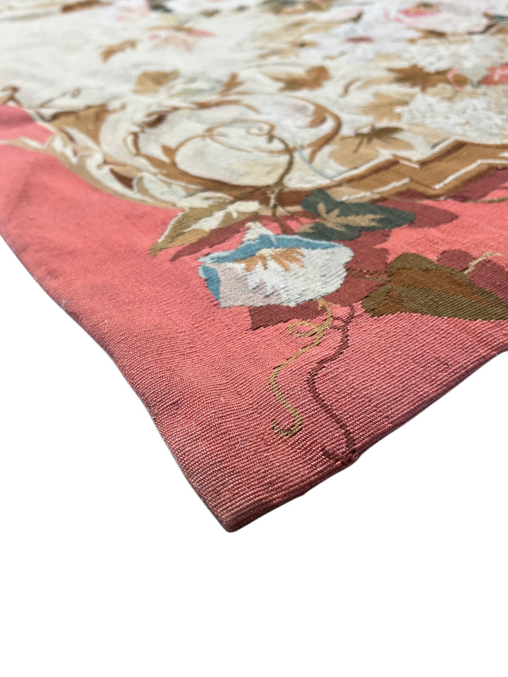 Coral &amp; Ivory Floral French Aubusson Runner Rug with Hunting Scene – 3’11” x 10’5”