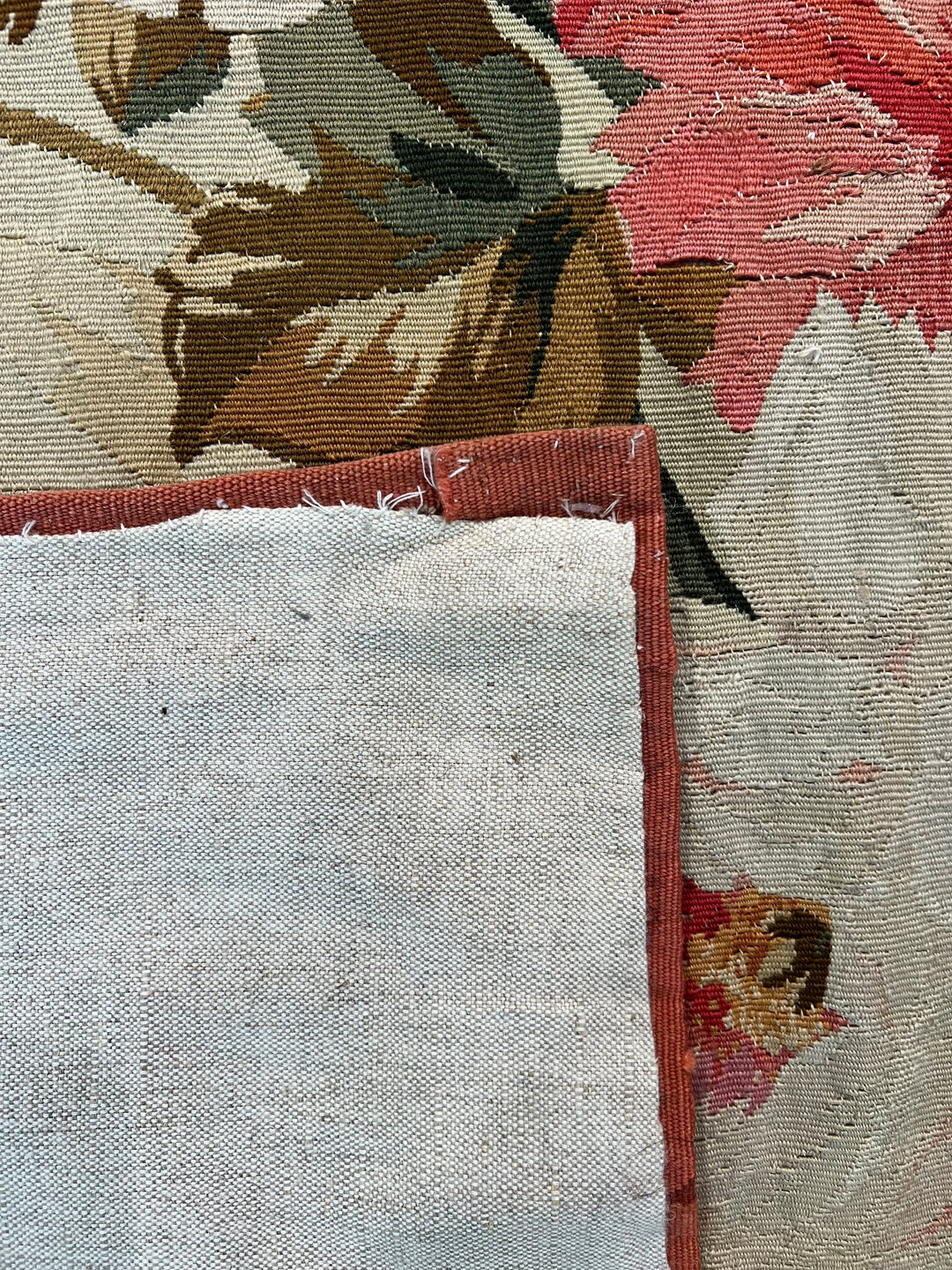 Coral &amp; Ivory Floral French Aubusson Runner Rug with Hunting Scene – 3’11” x 10’5”