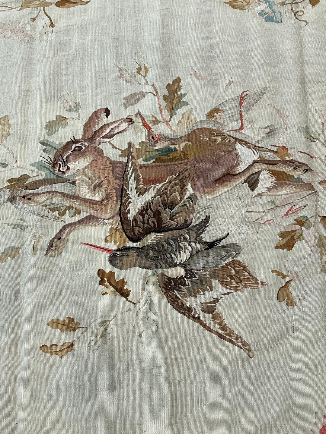 Coral &amp; Ivory Floral French Aubusson Runner Rug with Hunting Scene – 3’11” x 10’5”