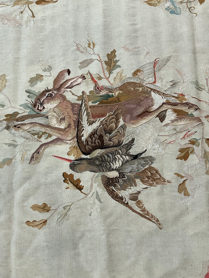 Coral &amp; Ivory Floral French Aubusson Runner Rug with Hunting Scene – 3’11” x 10’5”