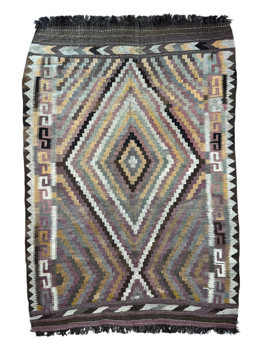 Muted Brown & Sage Geometric Kilim Rug – 7’3” x 10’6”