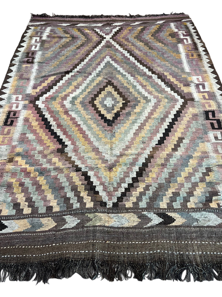 Muted Brown &amp; Sage Geometric Kilim Rug – 7’3” x 10’6”