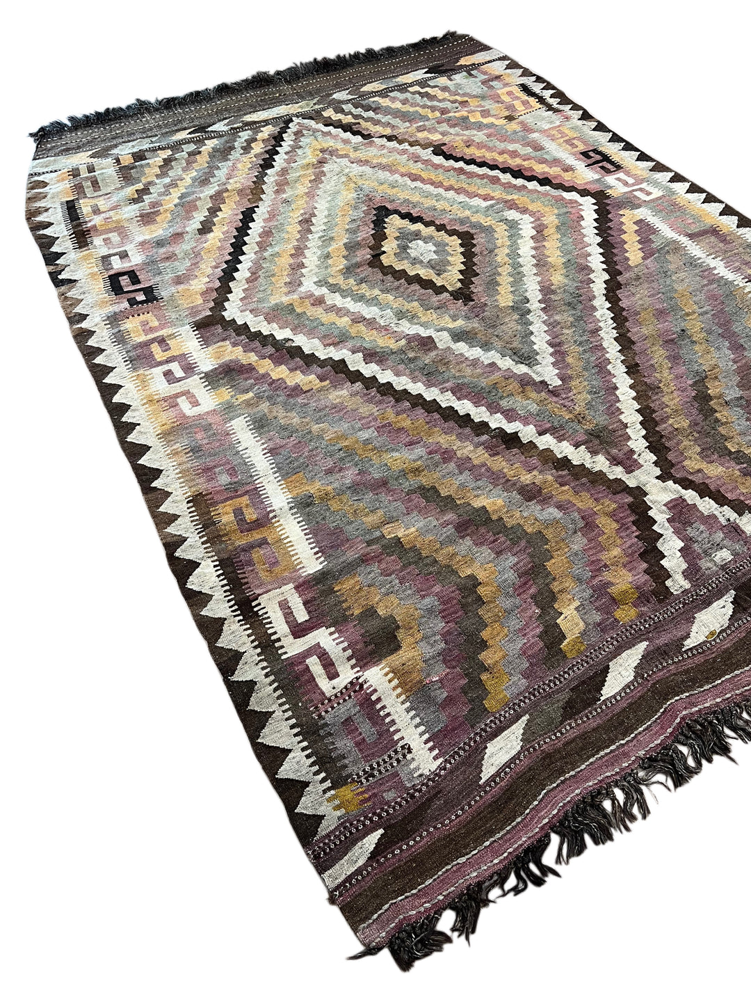 Muted Brown &amp; Sage Geometric Kilim Rug – 7’3” x 10’6”