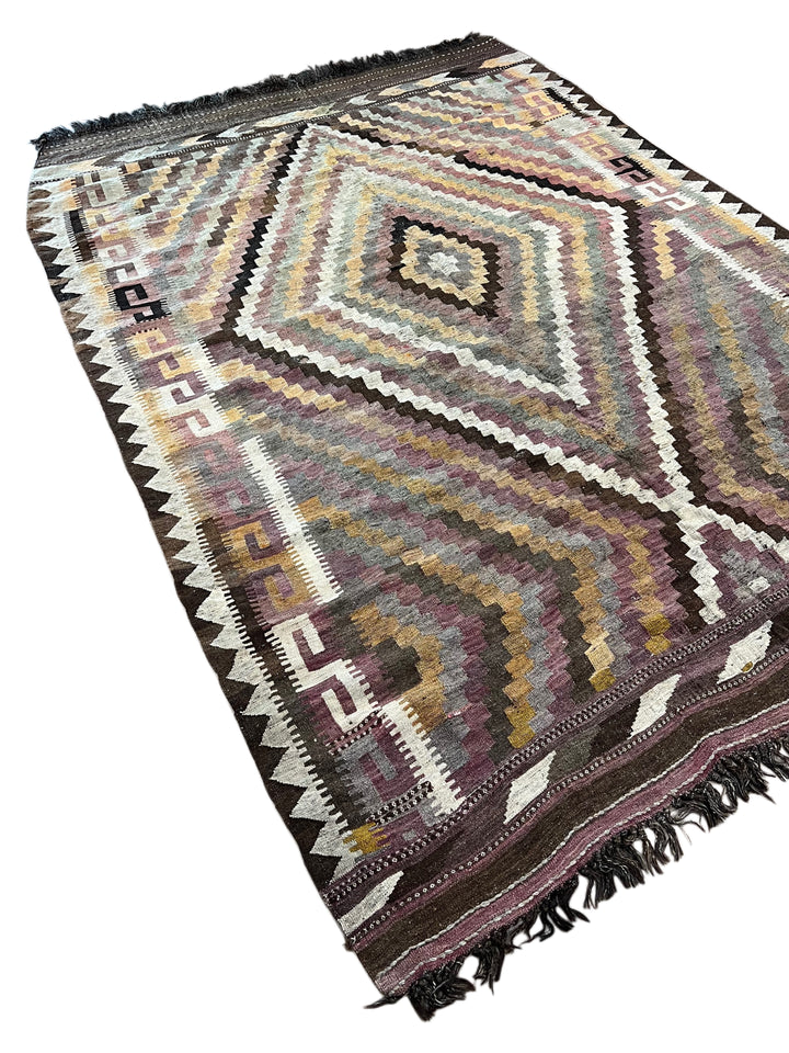 Muted Brown &amp; Sage Geometric Kilim Rug – 7’3” x 10’6”