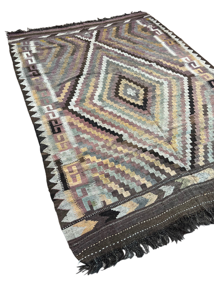Muted Brown &amp; Sage Geometric Kilim Rug – 7’3” x 10’6”