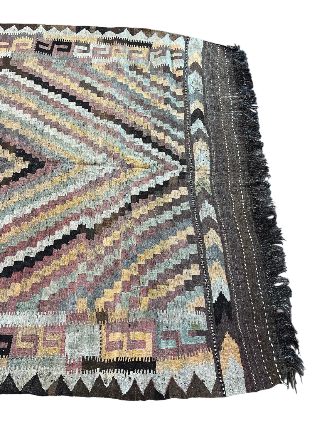 Muted Brown &amp; Sage Geometric Kilim Rug – 7’3” x 10’6”